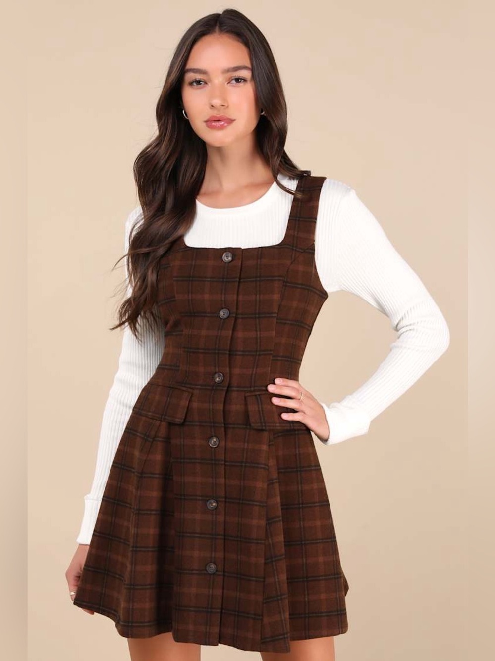 Lulus Autumn Approach Brown Plaid Sleeveless Button-Up Mini Dress Womens Size S - Picture 3 of 11